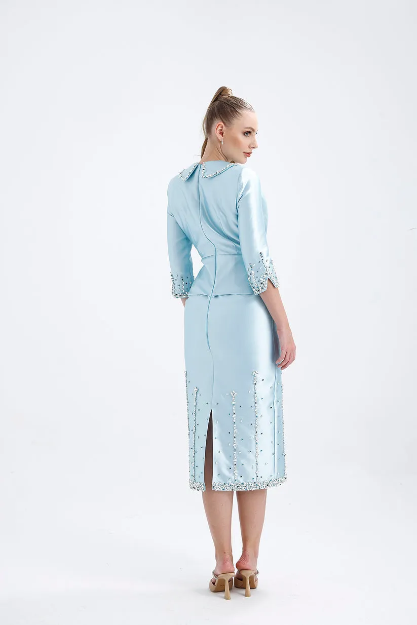 𝐃𝐈𝐀𝐍𝐀 Double Breasted Jacket Stone Embroidered Midi Length Suit T56749