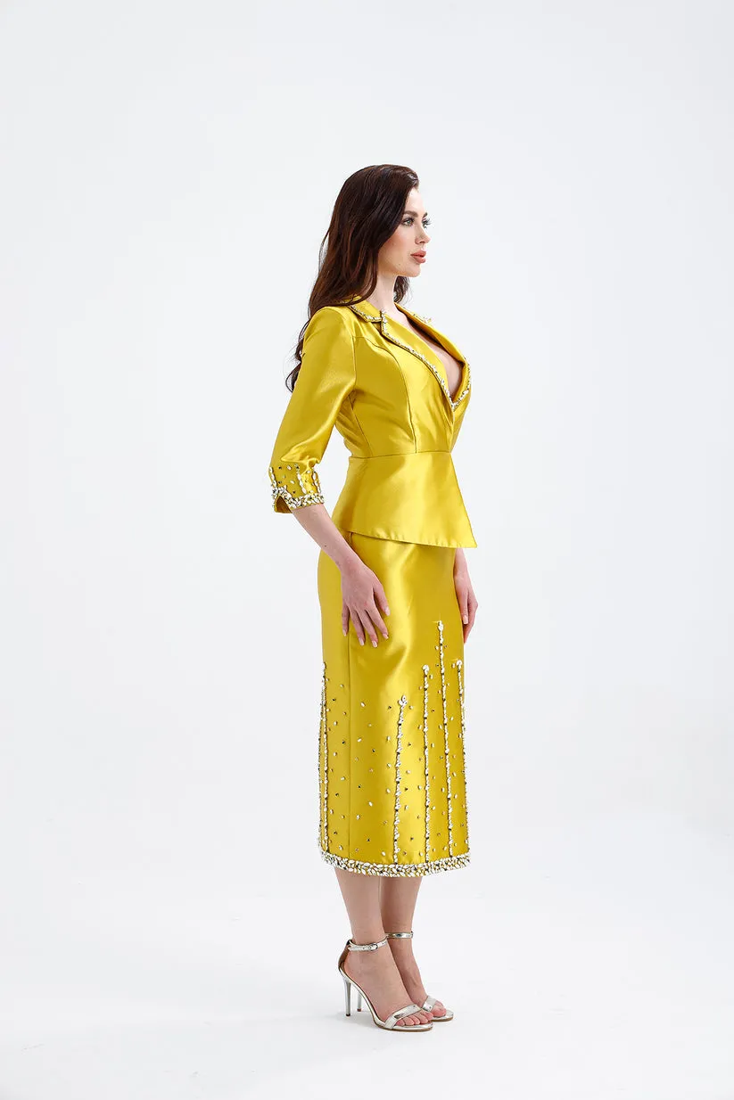 𝐃𝐈𝐀𝐍𝐀 Double Breasted Jacket Stone Embroidered Midi Length Suit T56749
