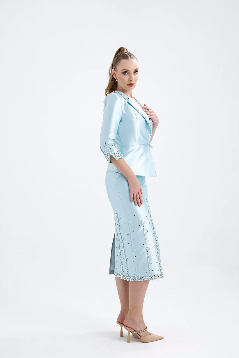 𝐃𝐈𝐀𝐍𝐀 Double Breasted Jacket Stone Embroidered Midi Length Suit T56749