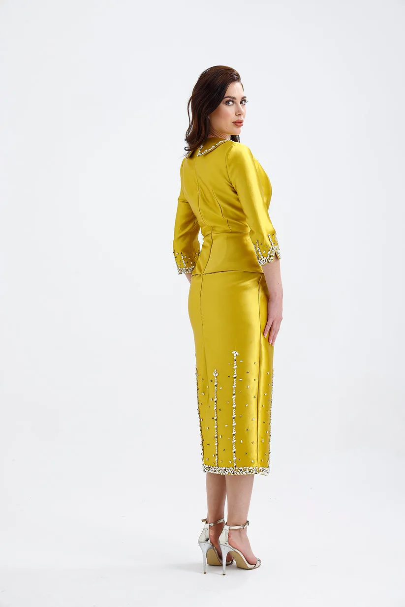 𝐃𝐈𝐀𝐍𝐀 Double Breasted Jacket Stone Embroidered Midi Length Suit T56749
