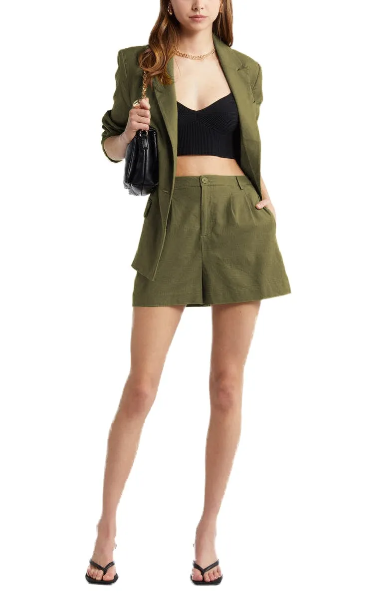 2 Piece Summer Fashion Slim Single Buttons Linen Women's Suit (Blazer Shorts)