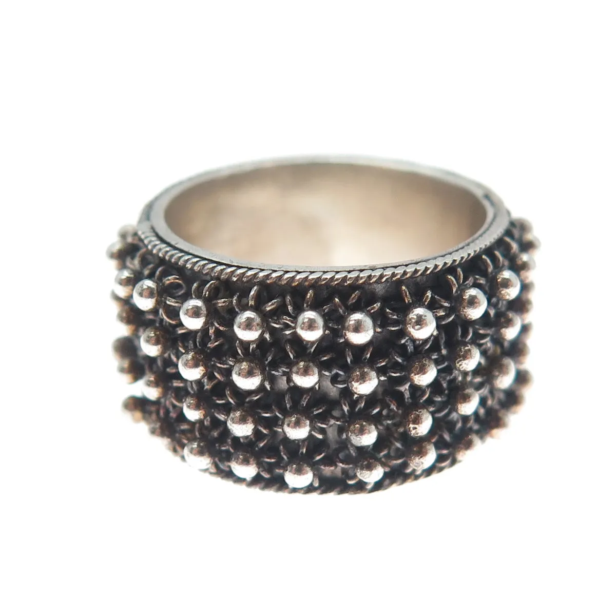 800 Silver Vintage Oxidized Cannetille Band Ring Size 6.25 (missing 1 piece)