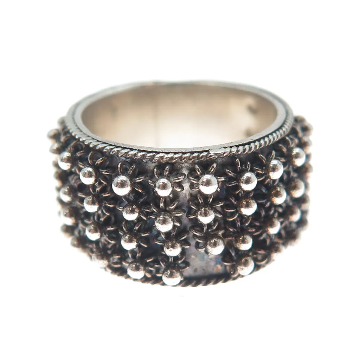 800 Silver Vintage Oxidized Cannetille Band Ring Size 6.25 (missing 1 piece)
