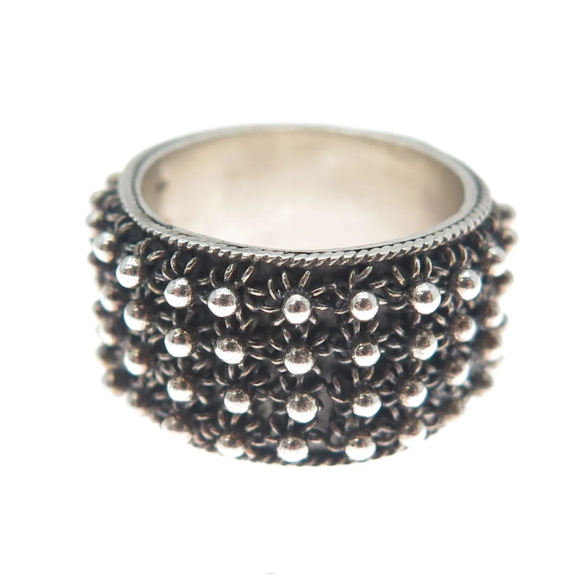 800 Silver Vintage Oxidized Cannetille Band Ring Size 6.25 (missing 1 piece)