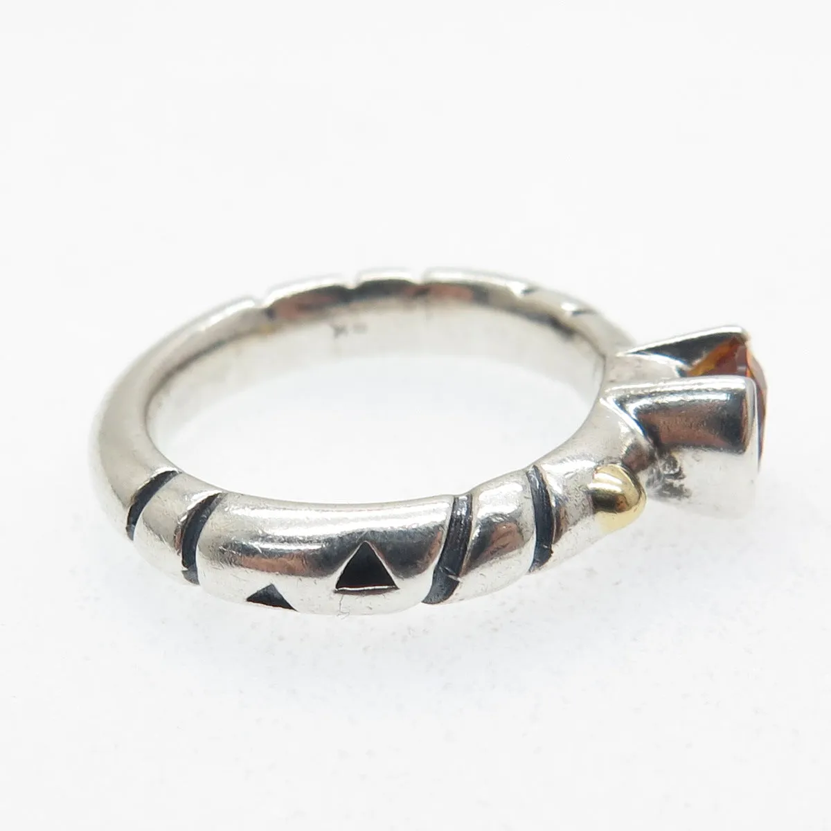 925 Sterling Silver & 18K Gold Vintage Real Round-Cut Citrine Ring Size 6.5