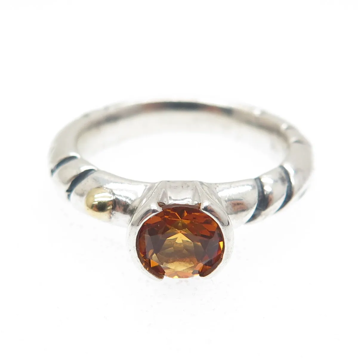 925 Sterling Silver & 18K Gold Vintage Real Round-Cut Citrine Ring Size 6.5