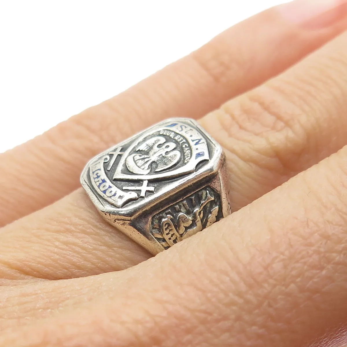925 Sterling Silver Antique 1947 Enamel Saint Nicholas School Ring Size 6.5