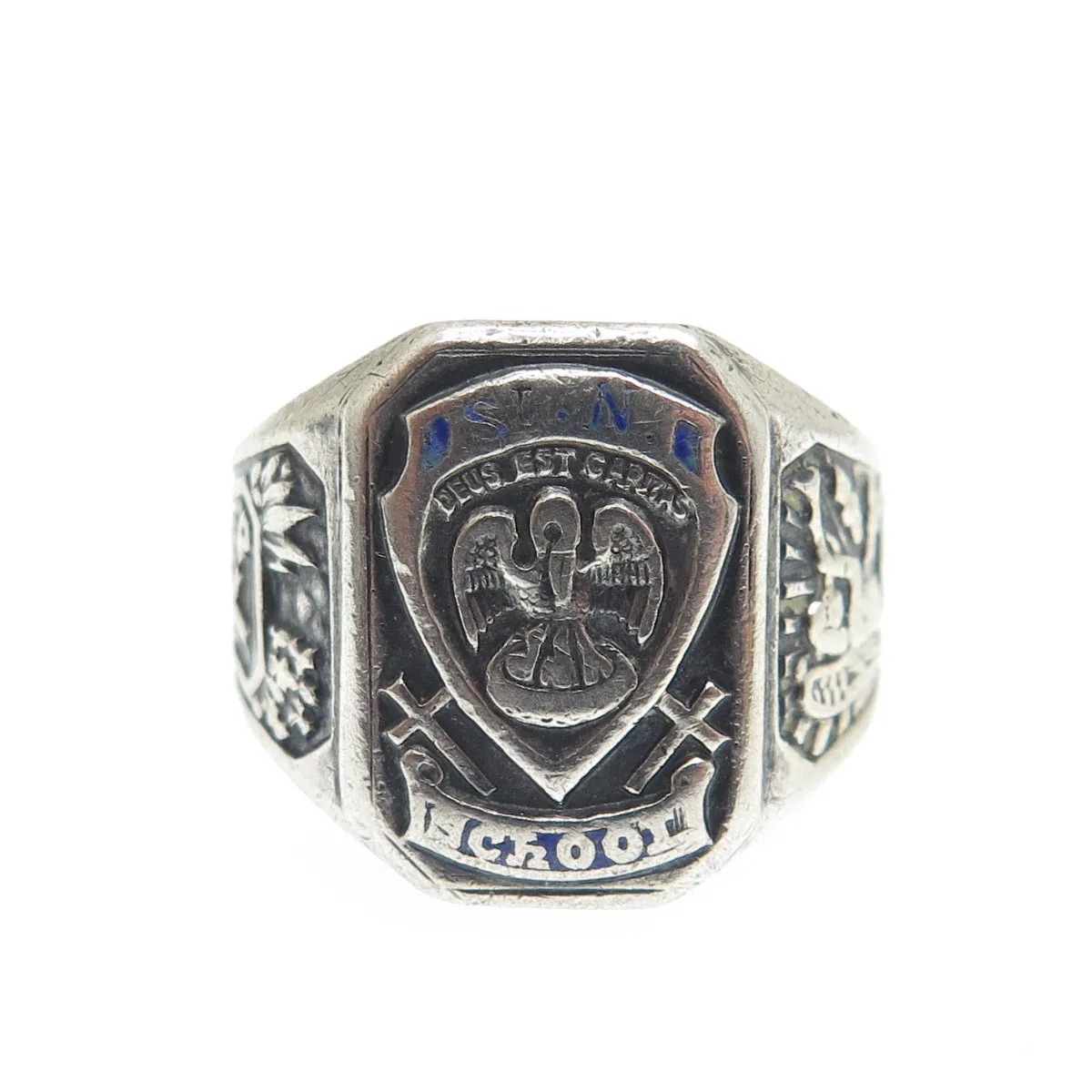 925 Sterling Silver Antique 1947 Enamel Saint Nicholas School Ring Size 6.5