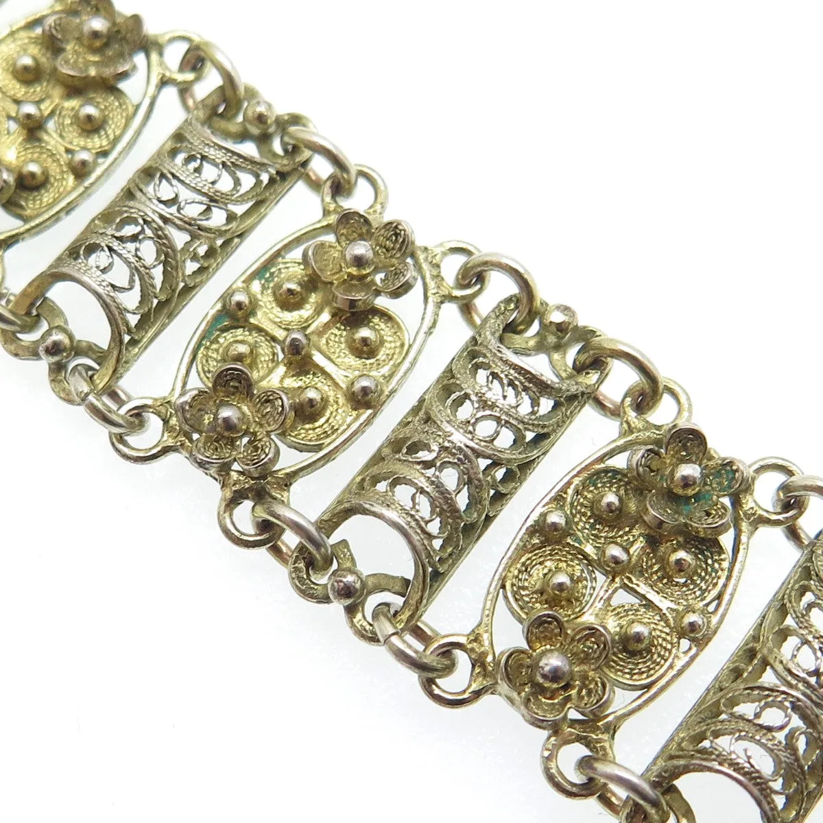 925 Sterling Silver Gold Plated Antique Art Deco Floral Filigree Bracelet 6.25"