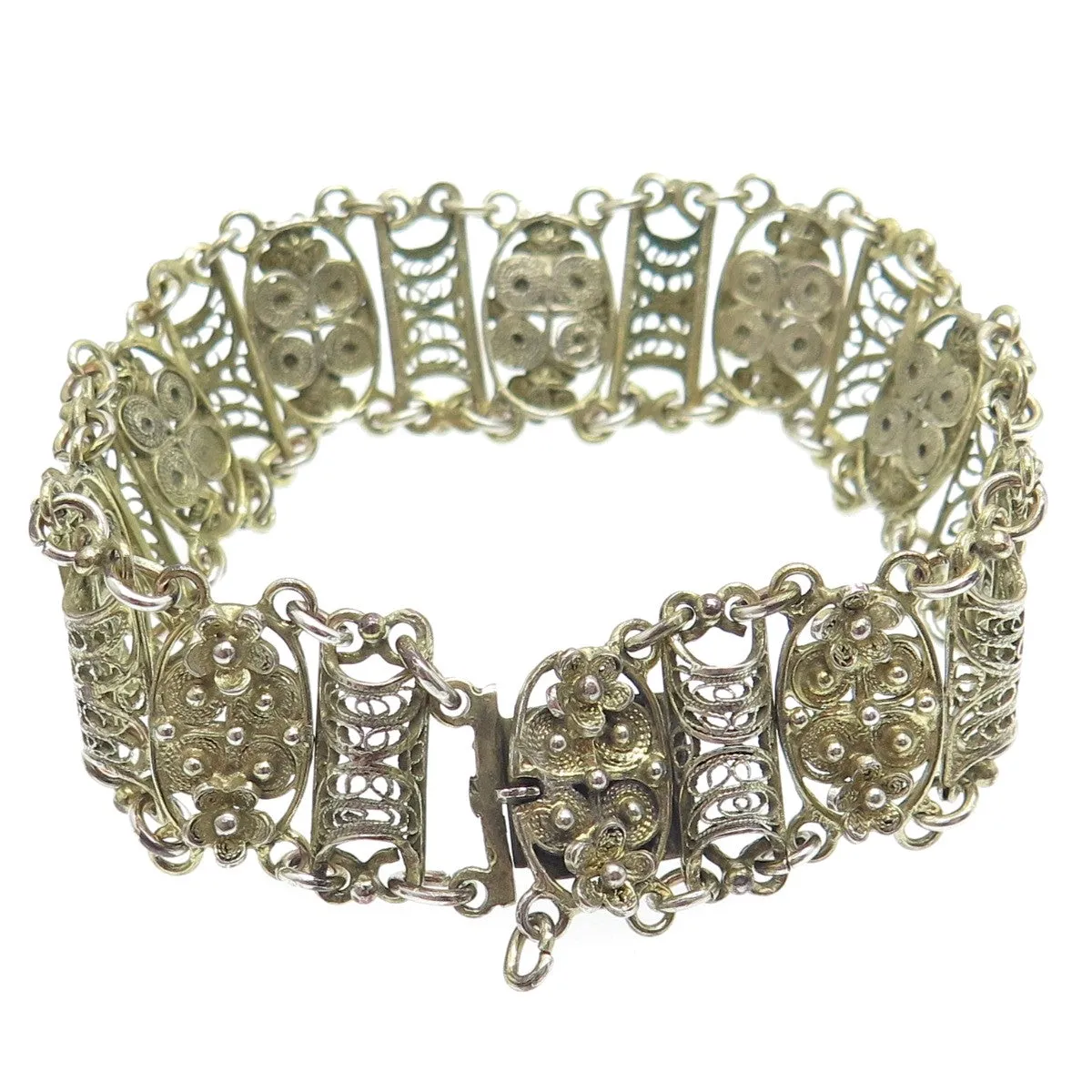 925 Sterling Silver Gold Plated Antique Art Deco Floral Filigree Bracelet 6.25"