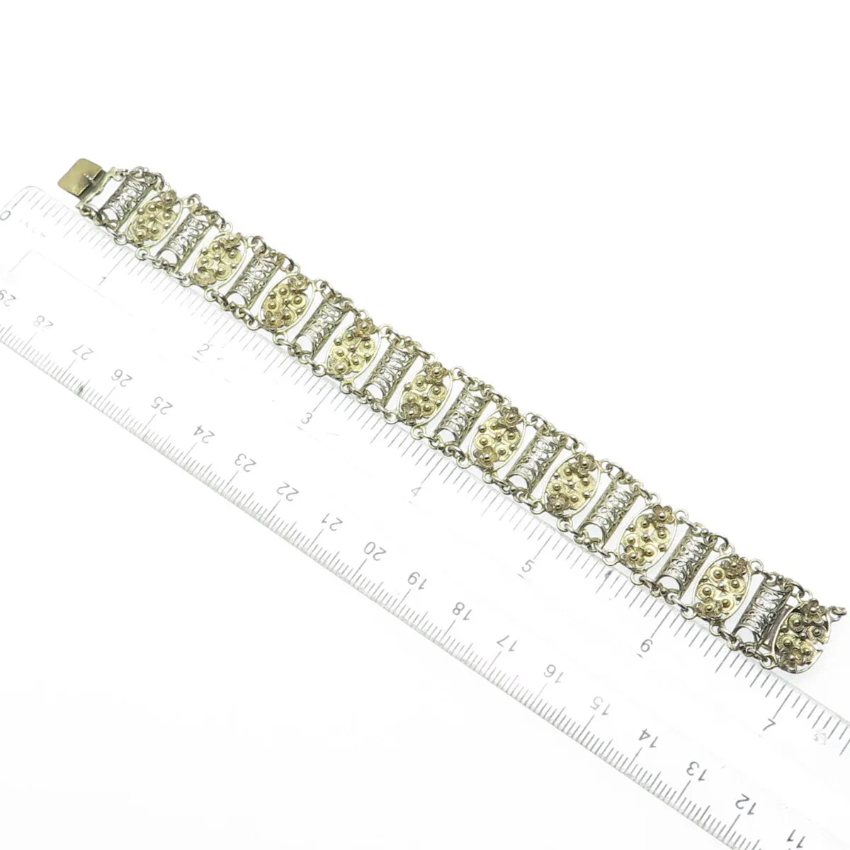 925 Sterling Silver Gold Plated Antique Art Deco Floral Filigree Bracelet 6.25"