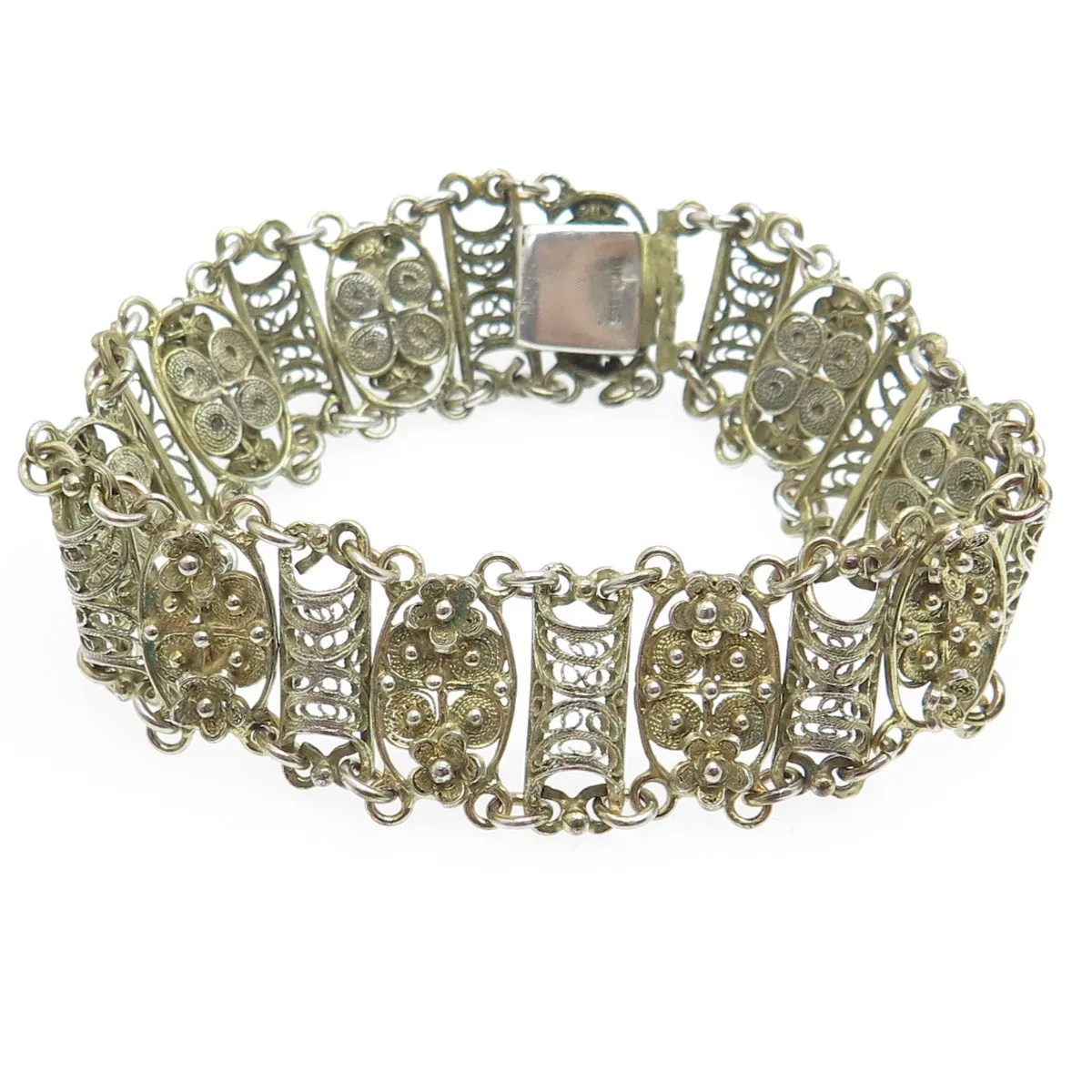 925 Sterling Silver Gold Plated Antique Art Deco Floral Filigree Bracelet 6.25"