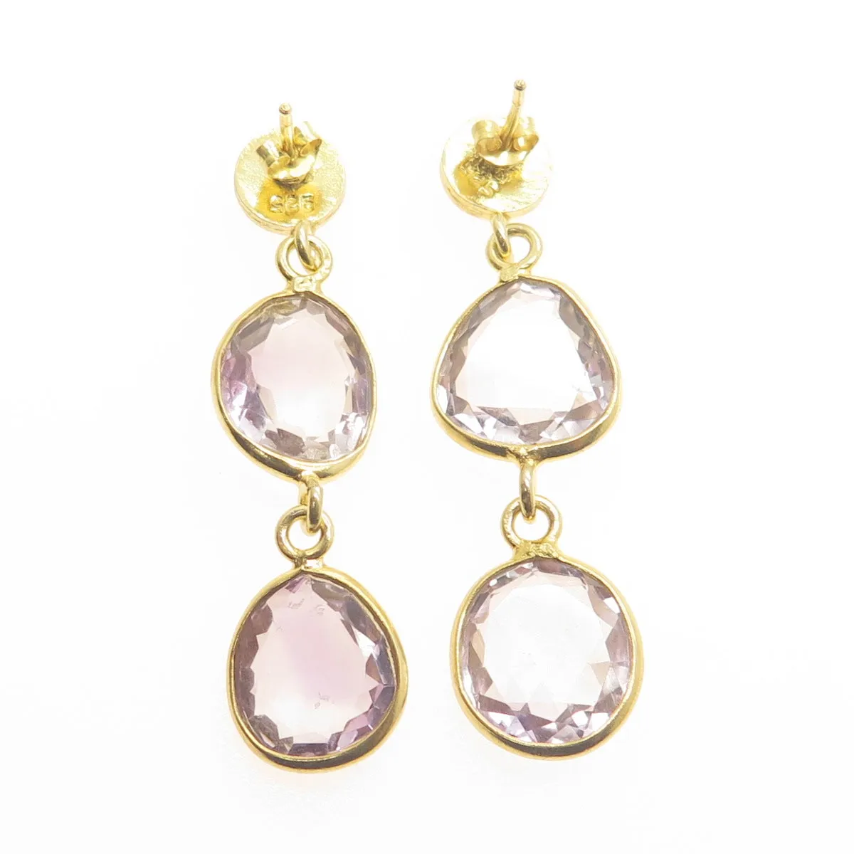 925 Sterling Silver Gold Plated Vintage Amethyst Modernist Dangle Earrings