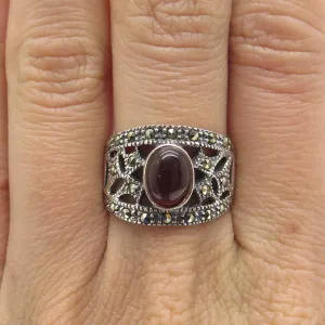 925 Sterling Silver Vintage Amber & Marcasite Gem Art Deco Style Ring Size 7.75