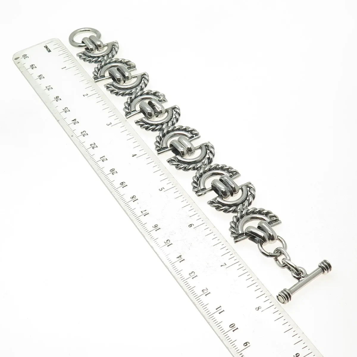 925 Sterling Silver Vintage Crescent Roped Oxidized Link Bracelet 7.25"
