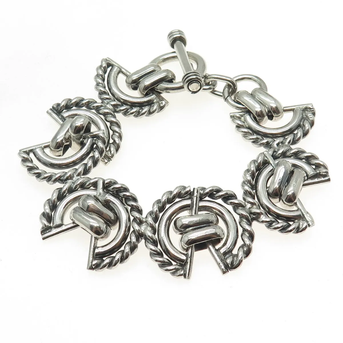 925 Sterling Silver Vintage Crescent Roped Oxidized Link Bracelet 7.25"