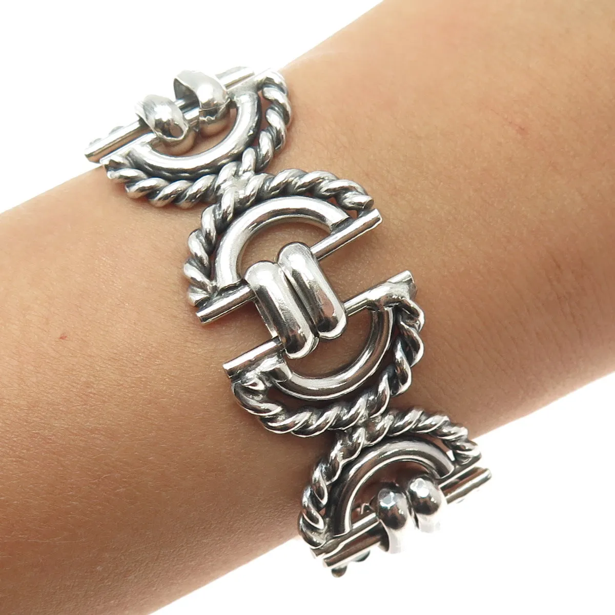 925 Sterling Silver Vintage Crescent Roped Oxidized Link Bracelet 7.25"