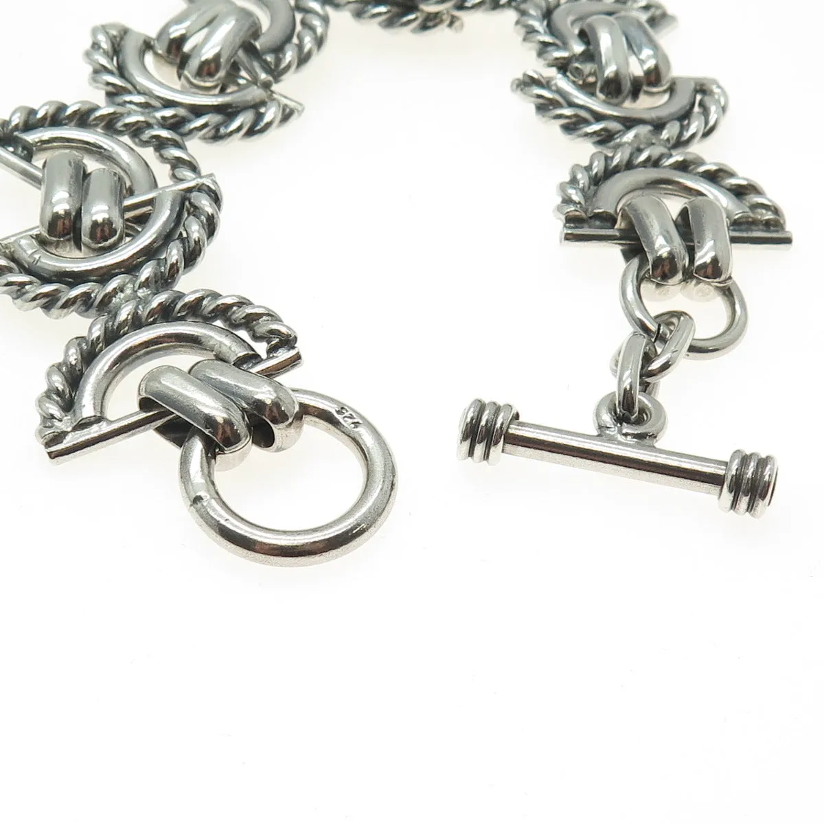 925 Sterling Silver Vintage Crescent Roped Oxidized Link Bracelet 7.25"