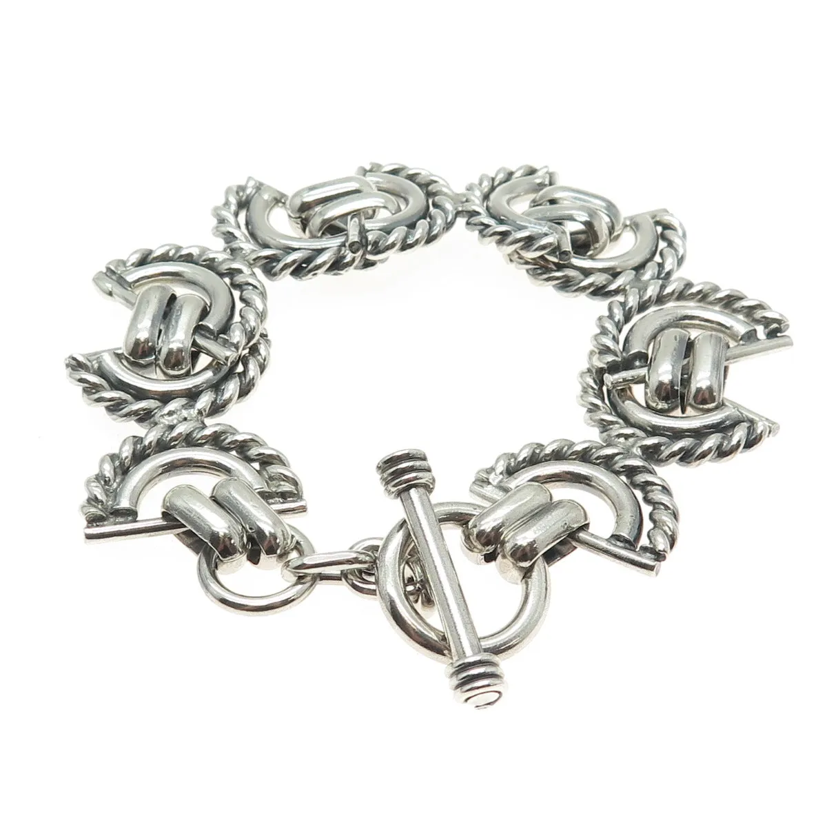 925 Sterling Silver Vintage Crescent Roped Oxidized Link Bracelet 7.25"