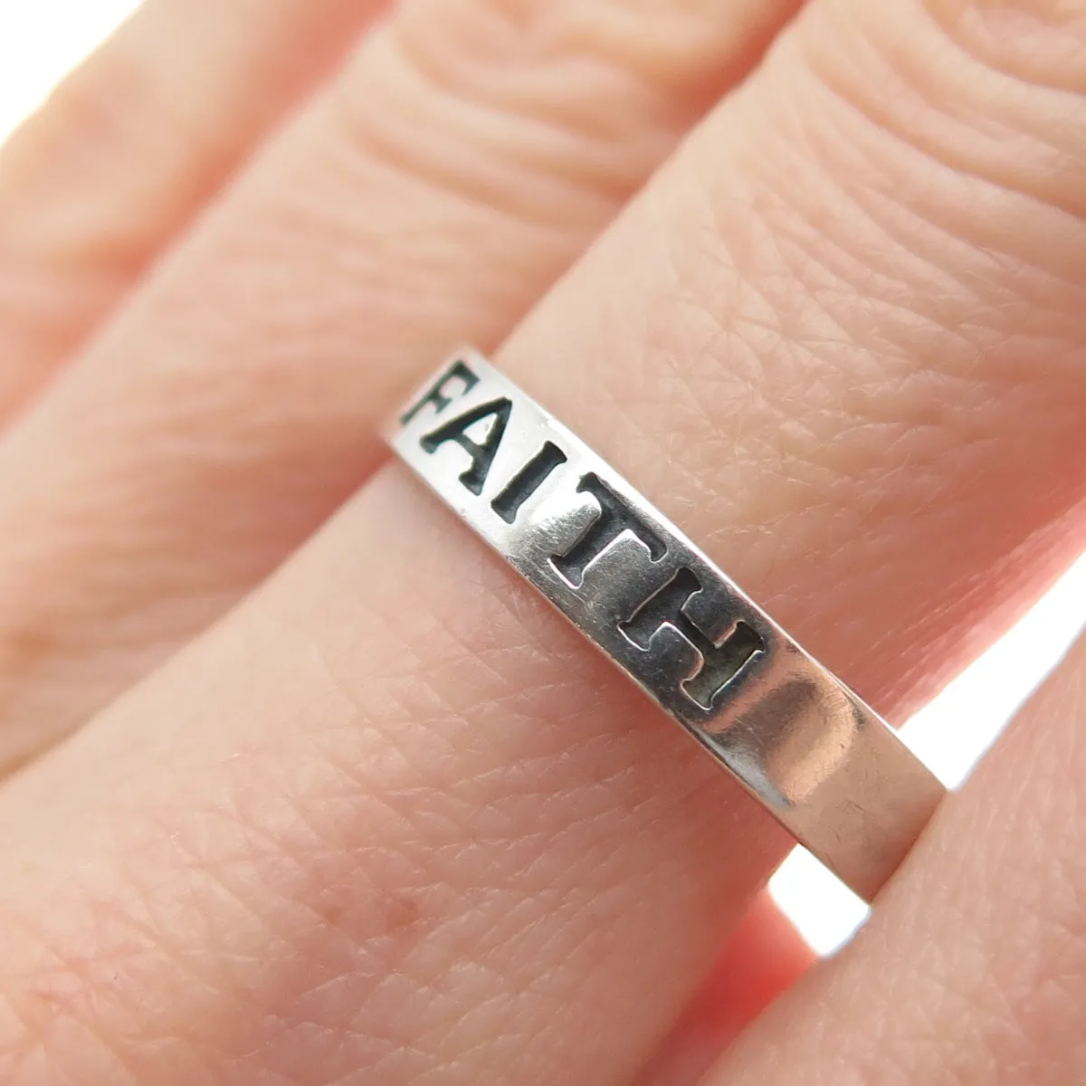 925 Sterling Silver Vintage Faith Oxidized Band Ring Size 10.25