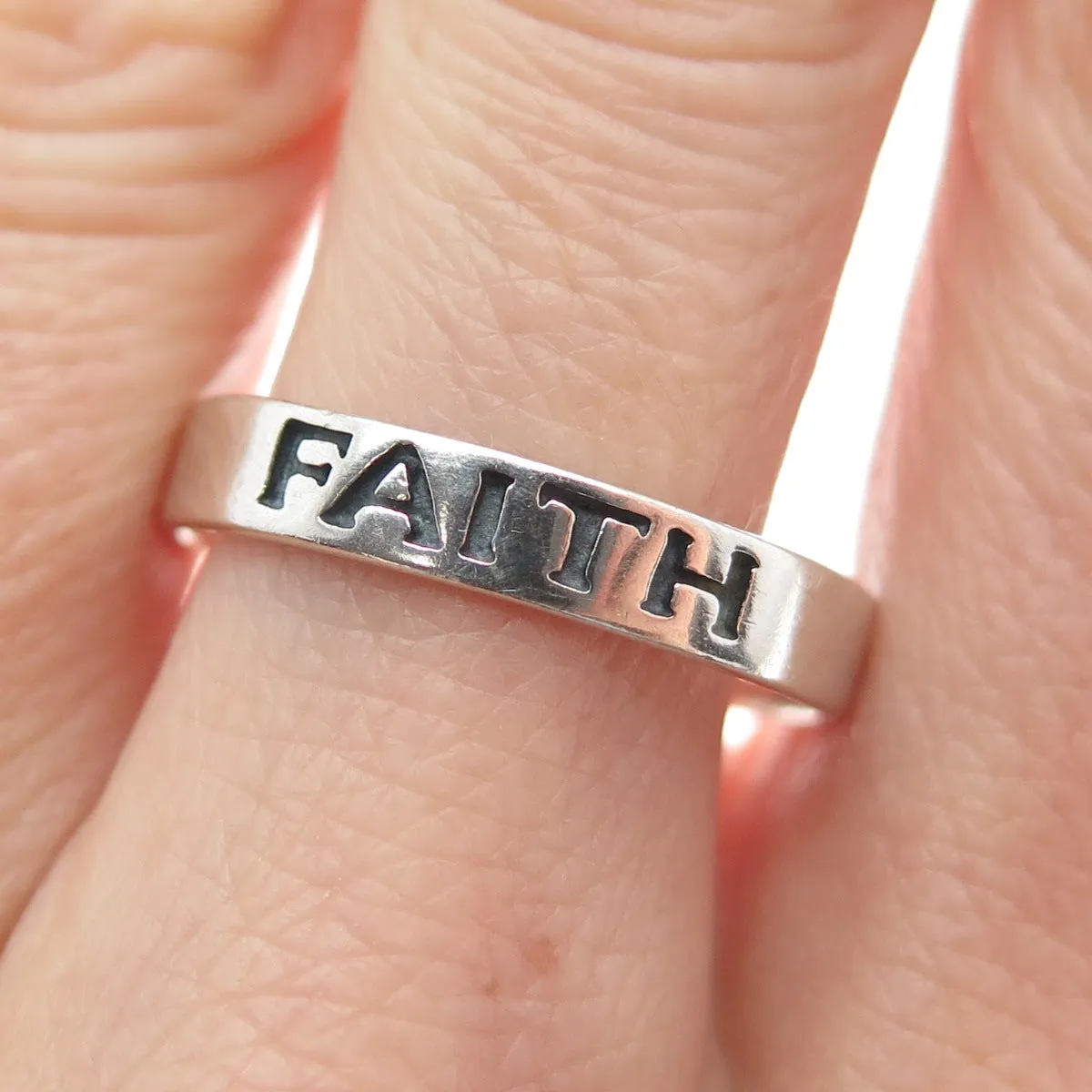 925 Sterling Silver Vintage Faith Oxidized Band Ring Size 10.25