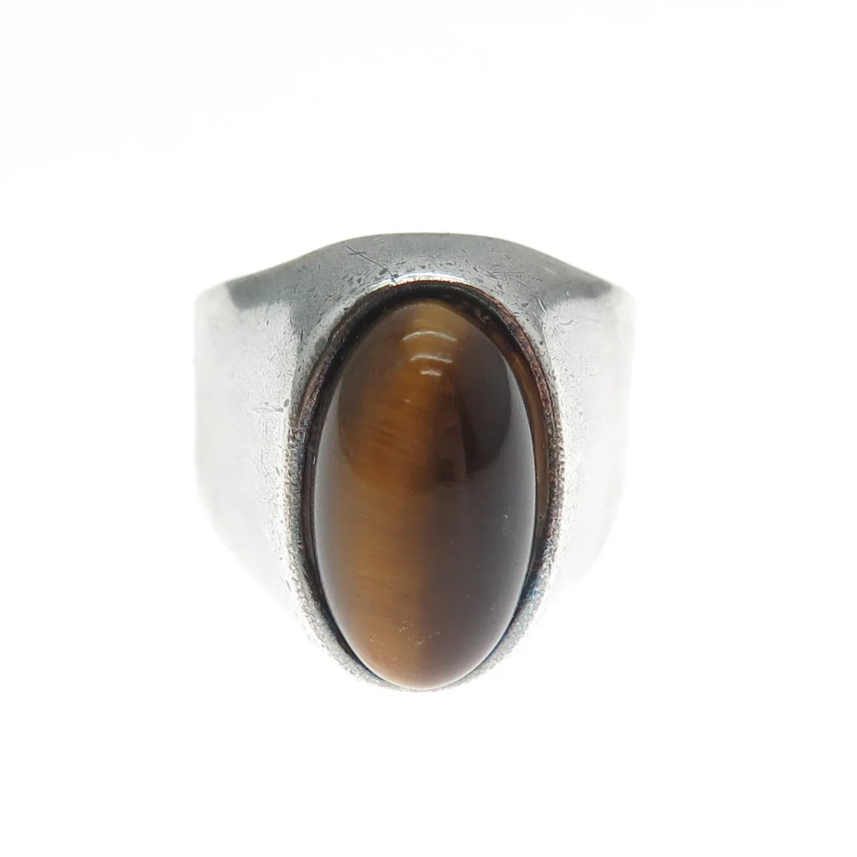 925 Sterling Silver Vintage Italy Real Tiger Eye Oxidized Domed Ring Size 6.75