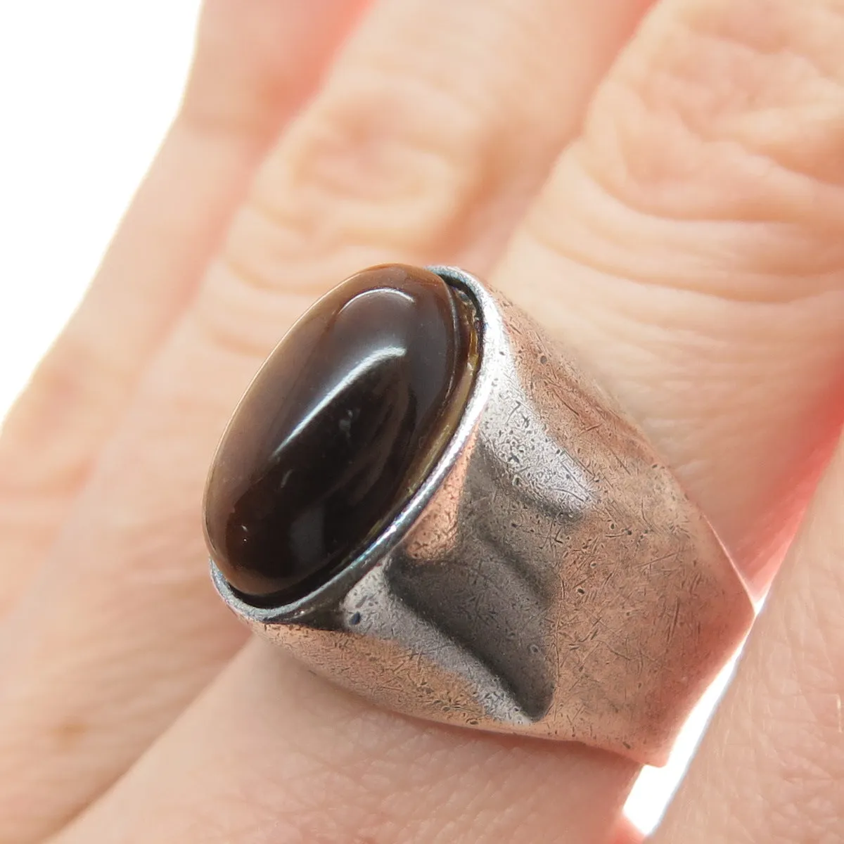 925 Sterling Silver Vintage Italy Real Tiger Eye Oxidized Domed Ring Size 6.75