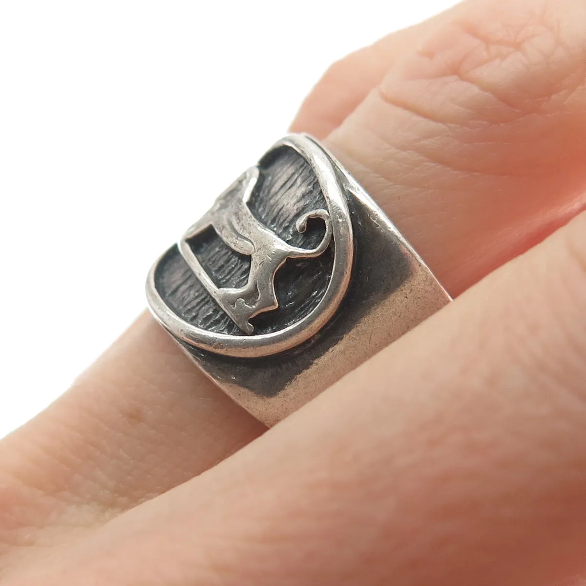 925 Sterling Silver Vintage Lion / Leo Zodiac Sign Wide Ring Size 8.5