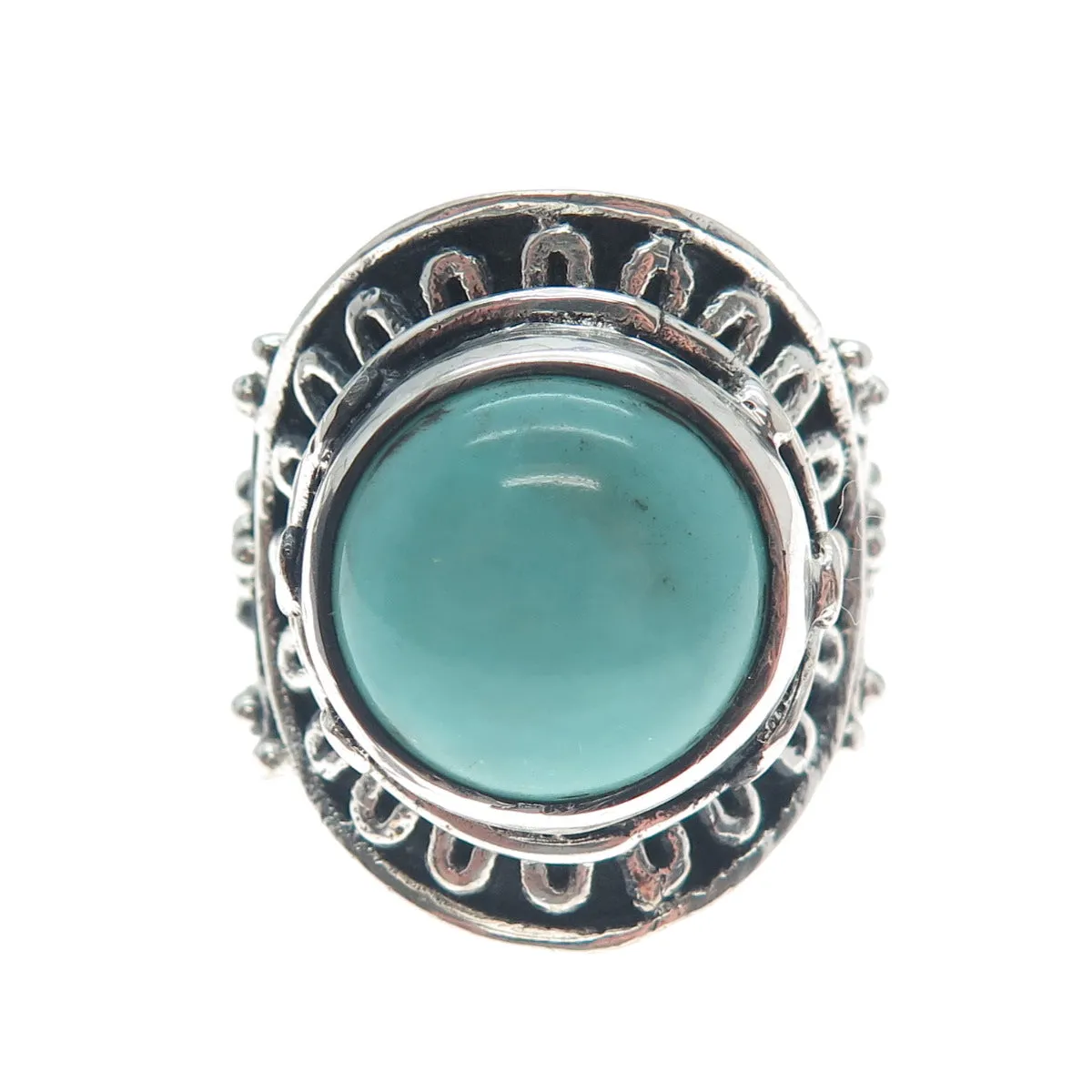 925 Sterling Silver Vintage Lone Mountain Turquoise Sun Oxidized Ring Size 10.25
