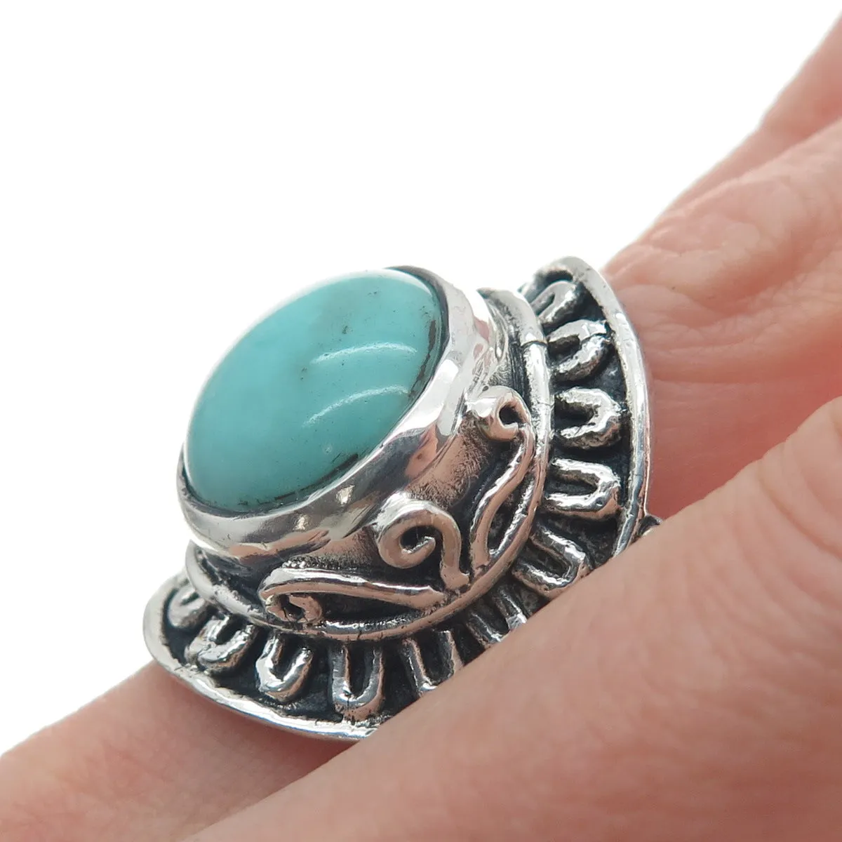 925 Sterling Silver Vintage Lone Mountain Turquoise Sun Oxidized Ring Size 10.25