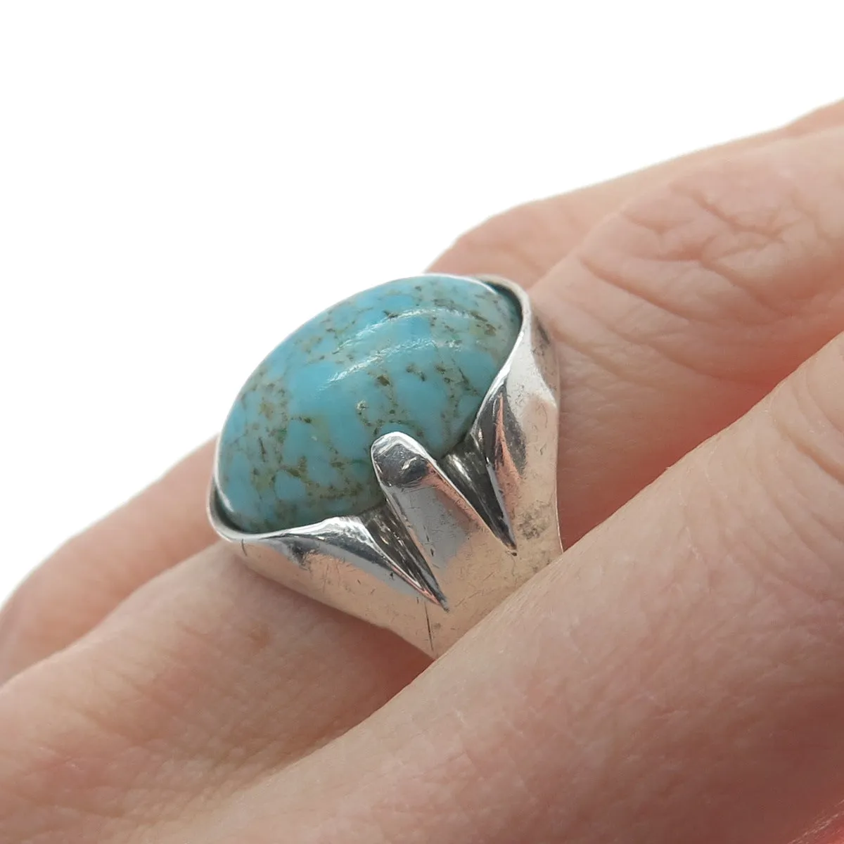 925 Sterling Silver Vintage Mexico Faux Turquoise Tribal Ring Size 12.25