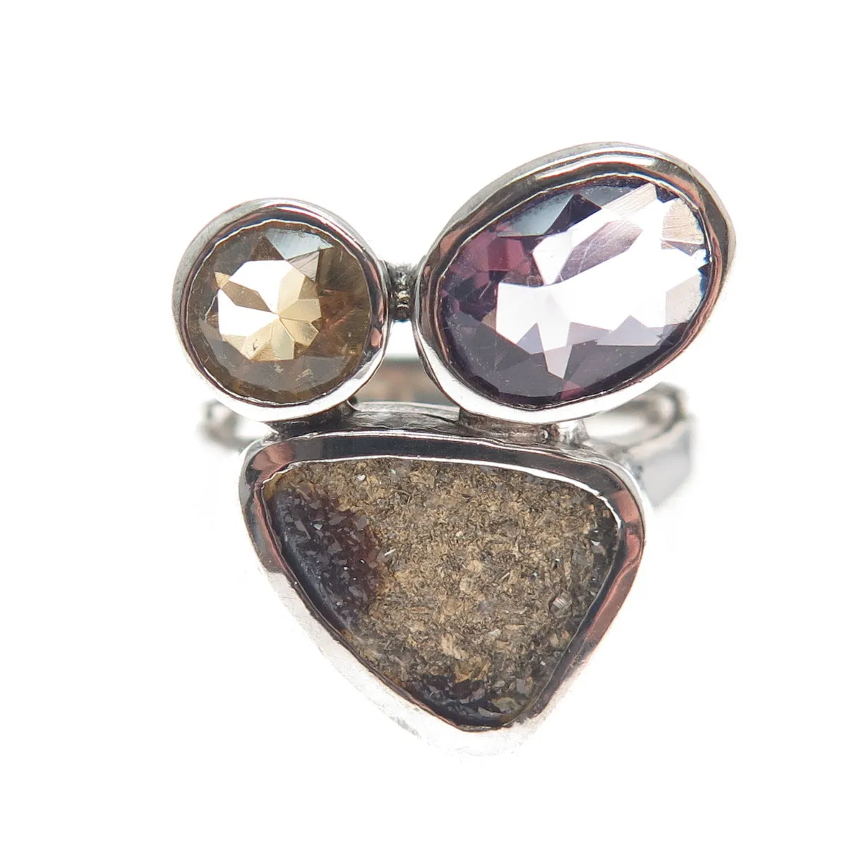 925 Sterling Silver Vintage Real Amethyst Citrine & Druzy Cluster Ring Size 6.5