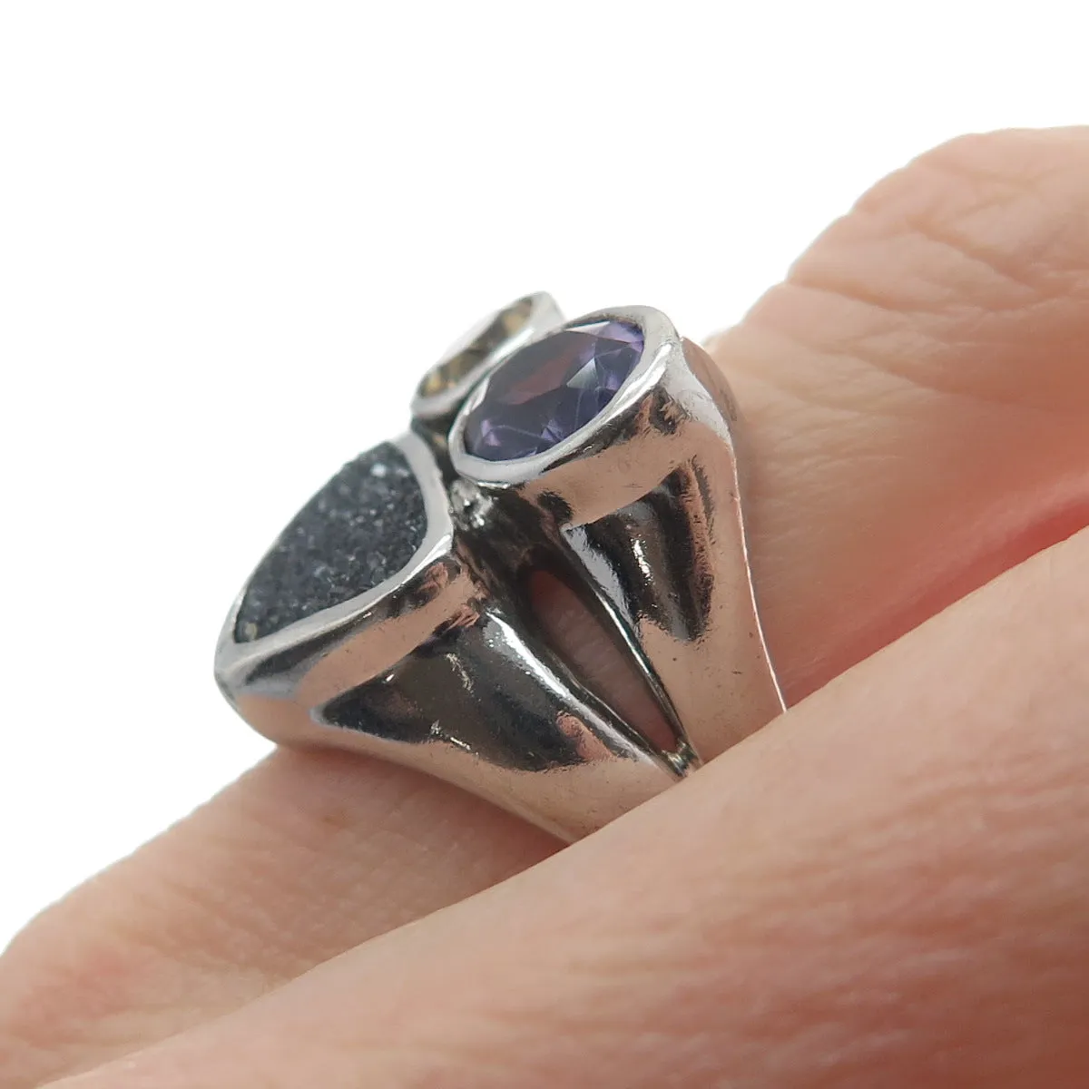 925 Sterling Silver Vintage Real Amethyst Citrine & Druzy Cluster Ring Size 6.5