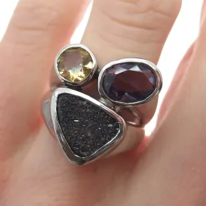 925 Sterling Silver Vintage Real Amethyst Citrine & Druzy Cluster Ring Size 6.5