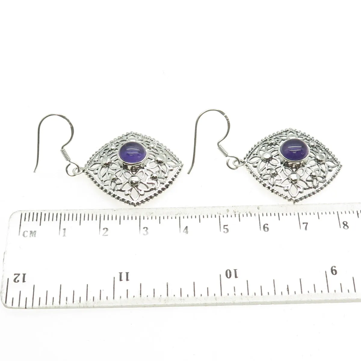 925 Sterling Silver Vintage Real Amethyst Flower Oxidized Dangle Earrings