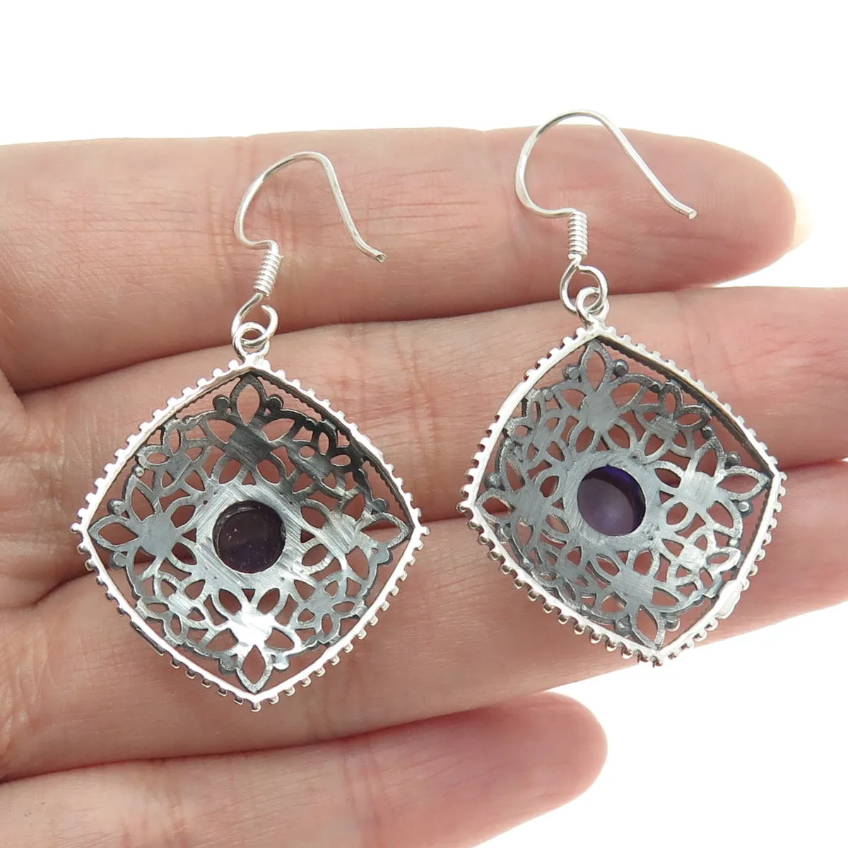 925 Sterling Silver Vintage Real Amethyst Flower Oxidized Dangle Earrings