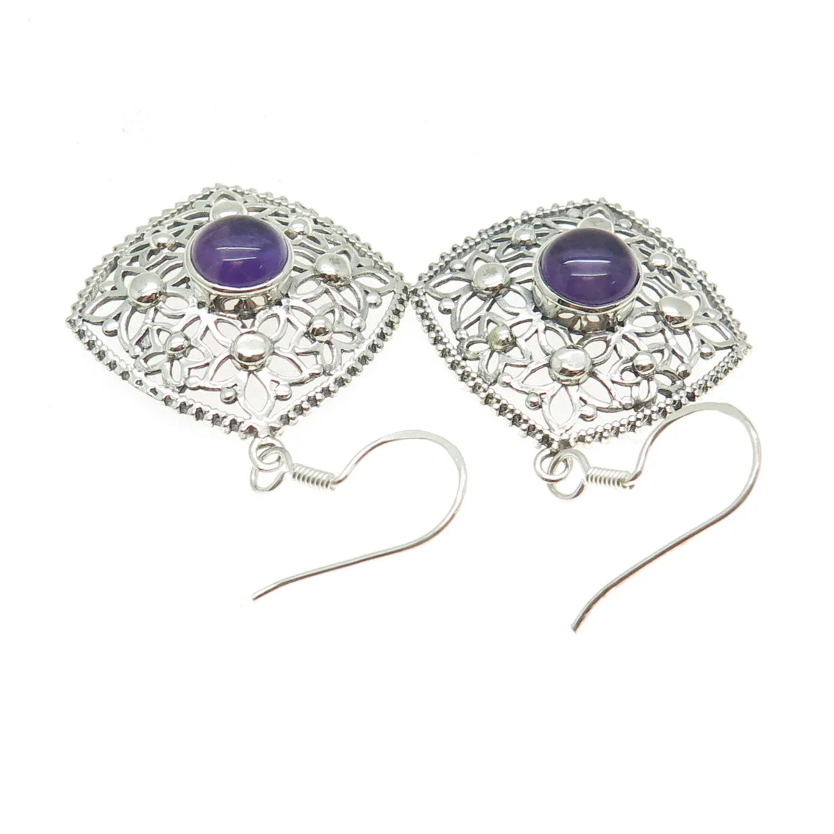 925 Sterling Silver Vintage Real Amethyst Flower Oxidized Dangle Earrings