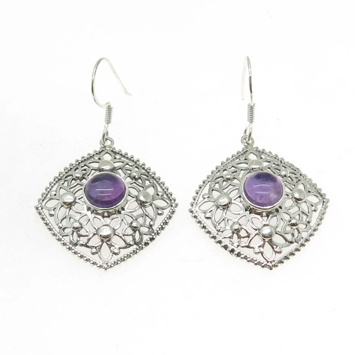 925 Sterling Silver Vintage Real Amethyst Flower Oxidized Dangle Earrings