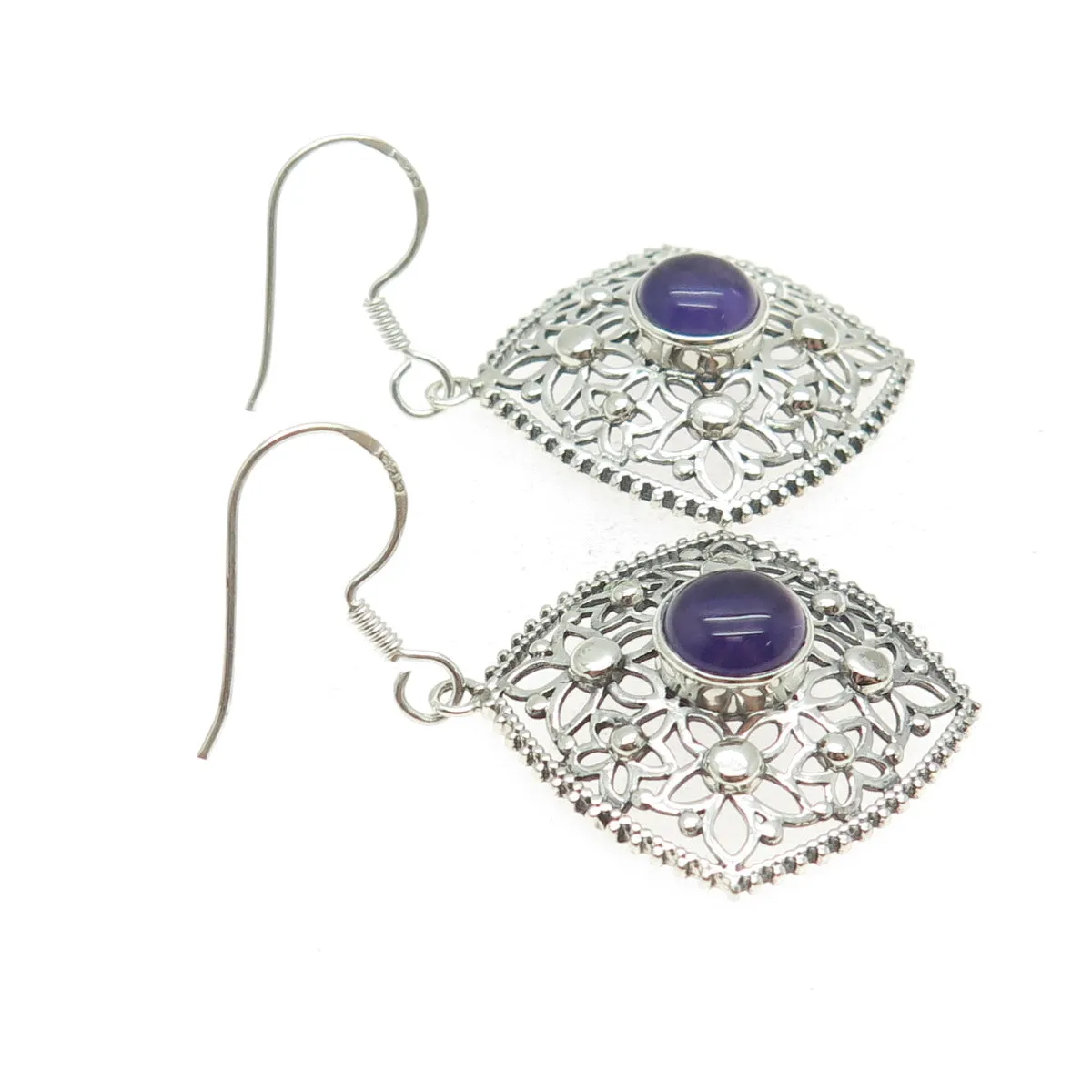 925 Sterling Silver Vintage Real Amethyst Flower Oxidized Dangle Earrings