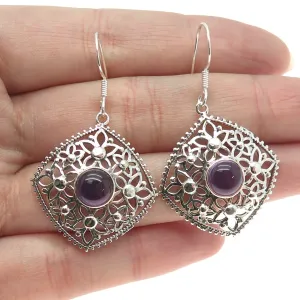 925 Sterling Silver Vintage Real Amethyst Flower Oxidized Dangle Earrings