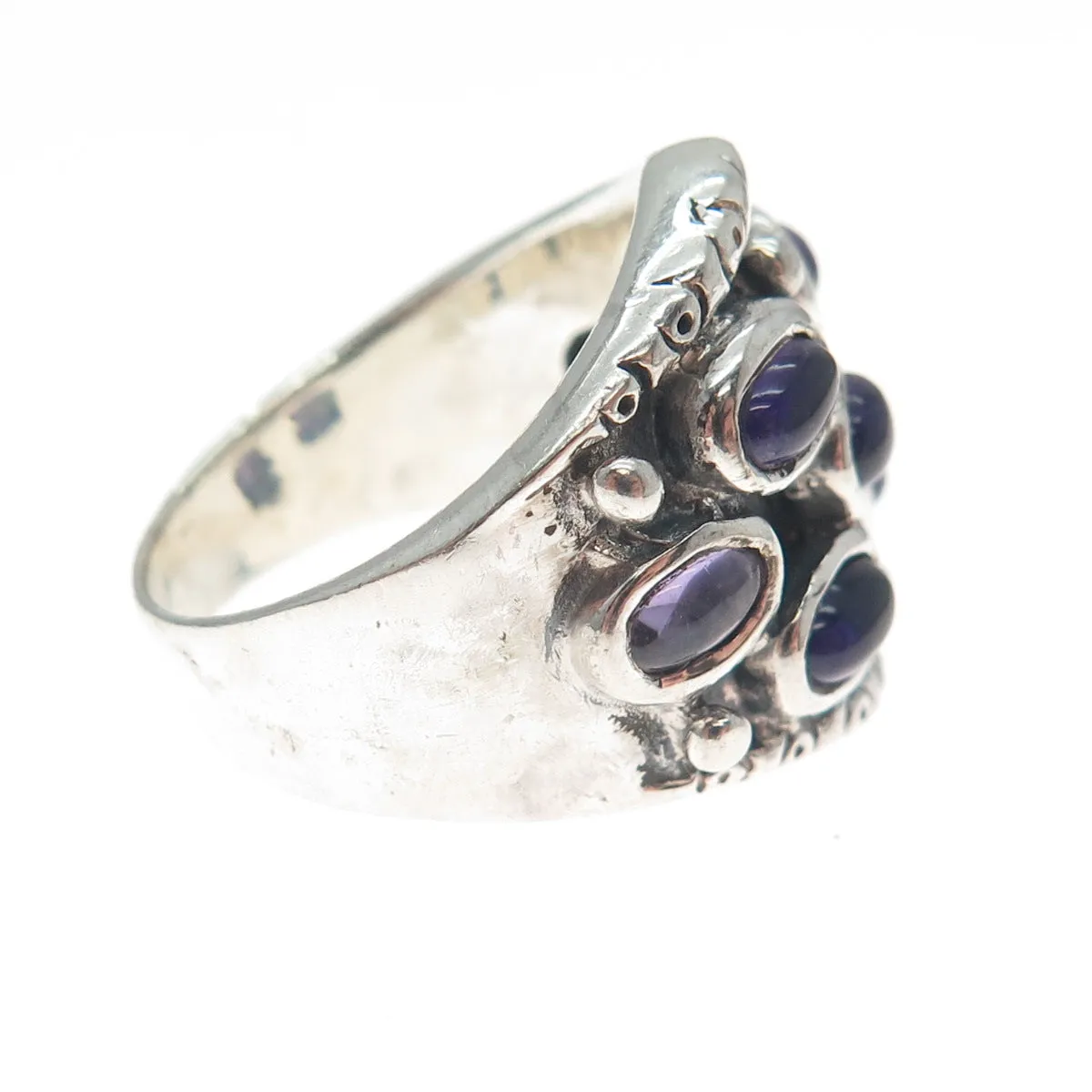925 Sterling Silver Vintage Real Amethyst Modernist Oxidized Ring Size 7.5