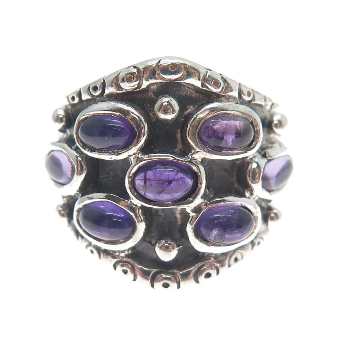 925 Sterling Silver Vintage Real Amethyst Modernist Oxidized Ring Size 7.5