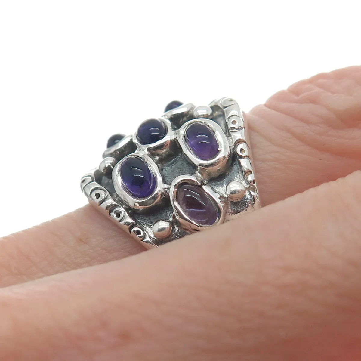 925 Sterling Silver Vintage Real Amethyst Modernist Oxidized Ring Size 7.5