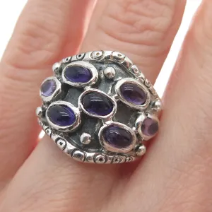 925 Sterling Silver Vintage Real Amethyst Modernist Oxidized Ring Size 7.5