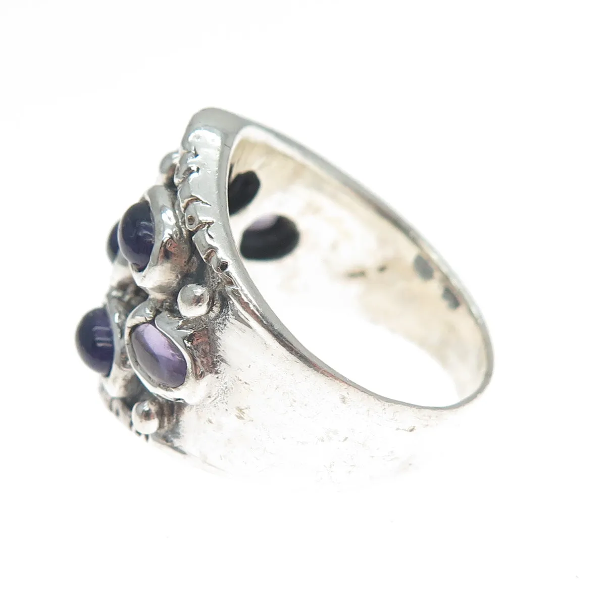 925 Sterling Silver Vintage Real Amethyst Modernist Oxidized Ring Size 7.5