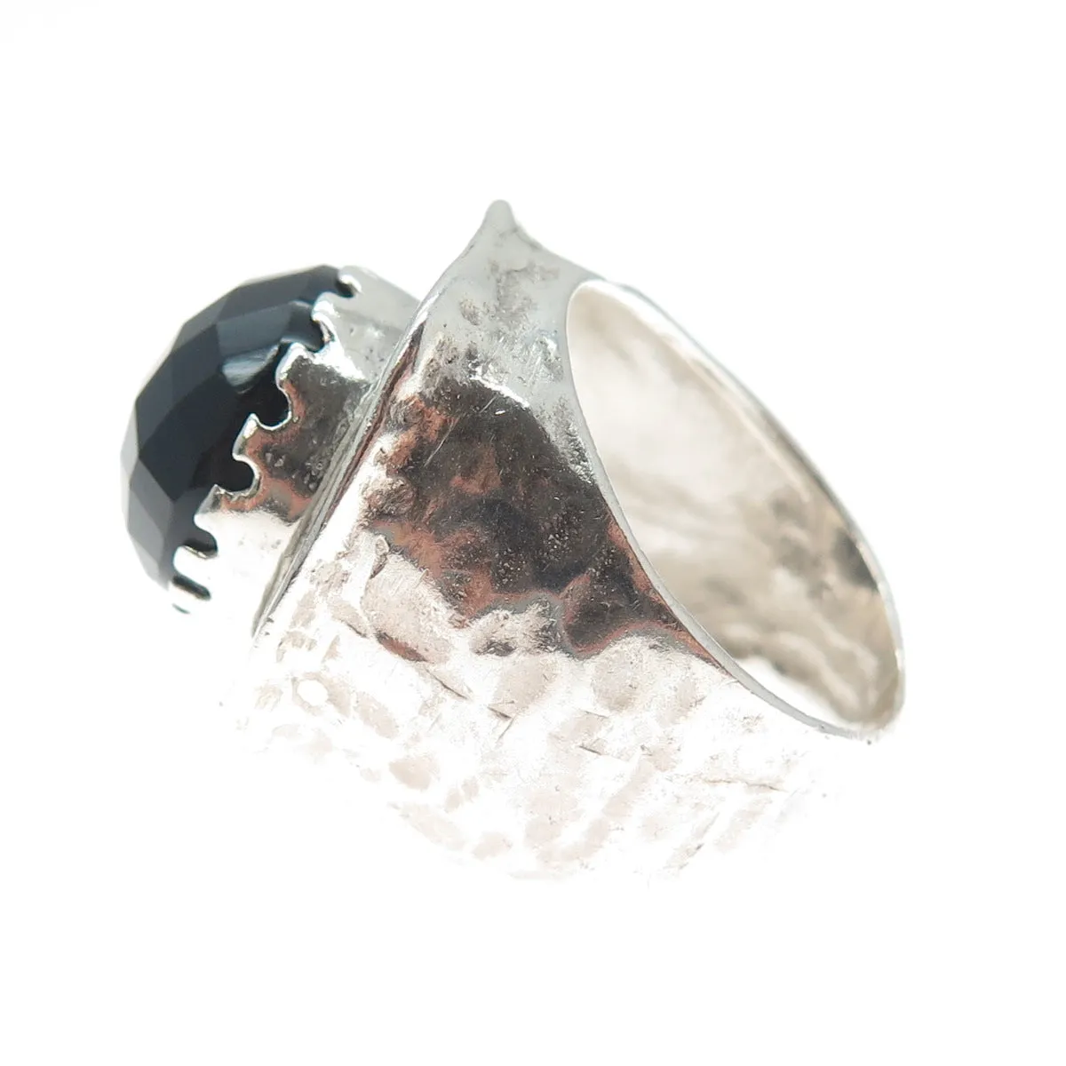 925 Sterling Silver Vintage Real Black Onyx Modernist Hammered Ring Size 8.25