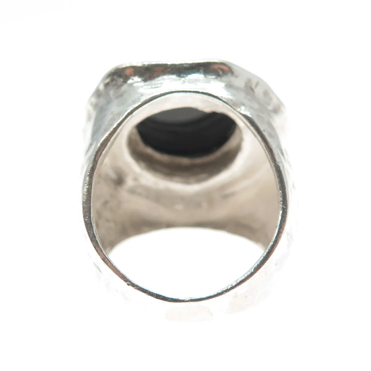 925 Sterling Silver Vintage Real Black Onyx Modernist Hammered Ring Size 8.25
