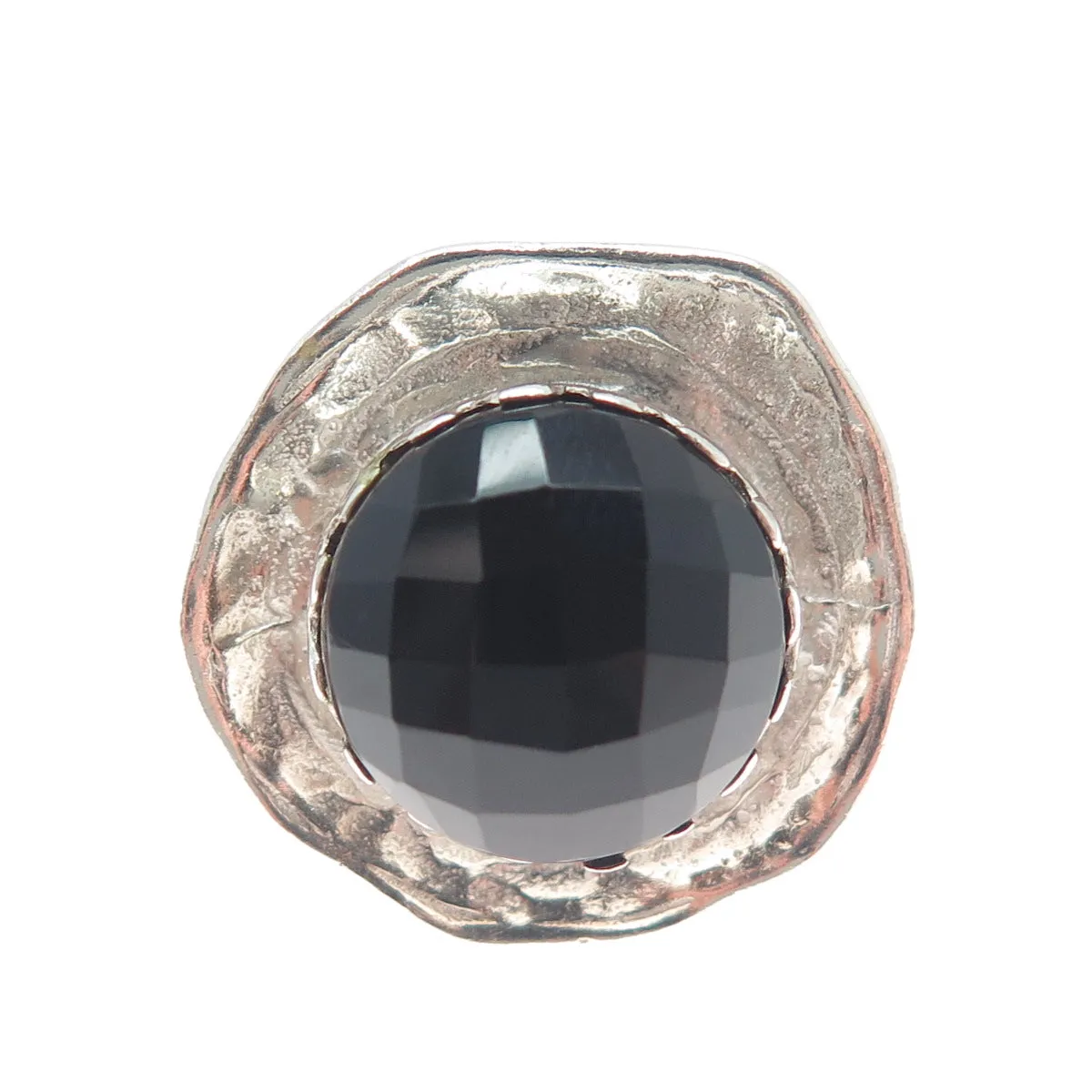 925 Sterling Silver Vintage Real Black Onyx Modernist Hammered Ring Size 8.25