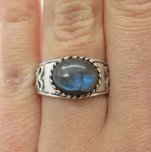 925 Sterling Silver Vintage Real Cabochon Labradorite Flower Ring Size 7.25