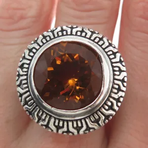 925 Sterling Silver Vintage Real Citrine Statement Oxidized Ring Size 9